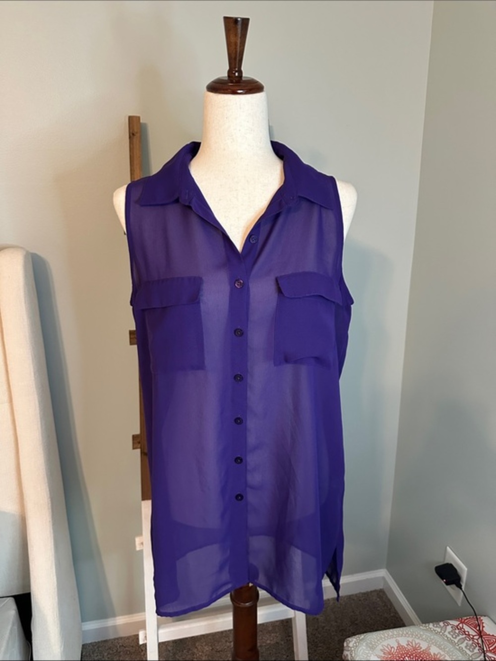 Coldwater Creek Deep Purple Button-Front High-Low Sleeveless Blouse Size Medium